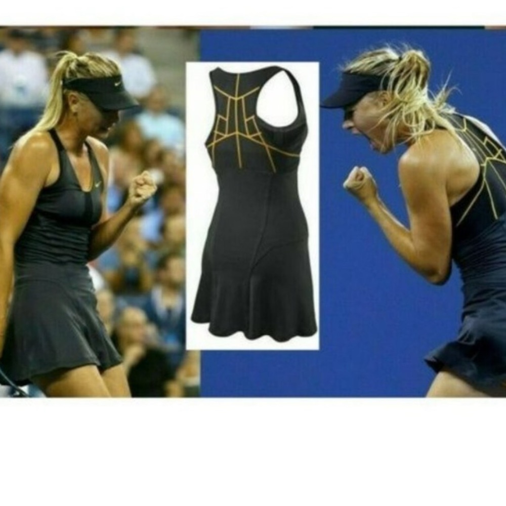 NIKE Maria Sharapova US Open Back Court Tennis Dress Black with gold panels